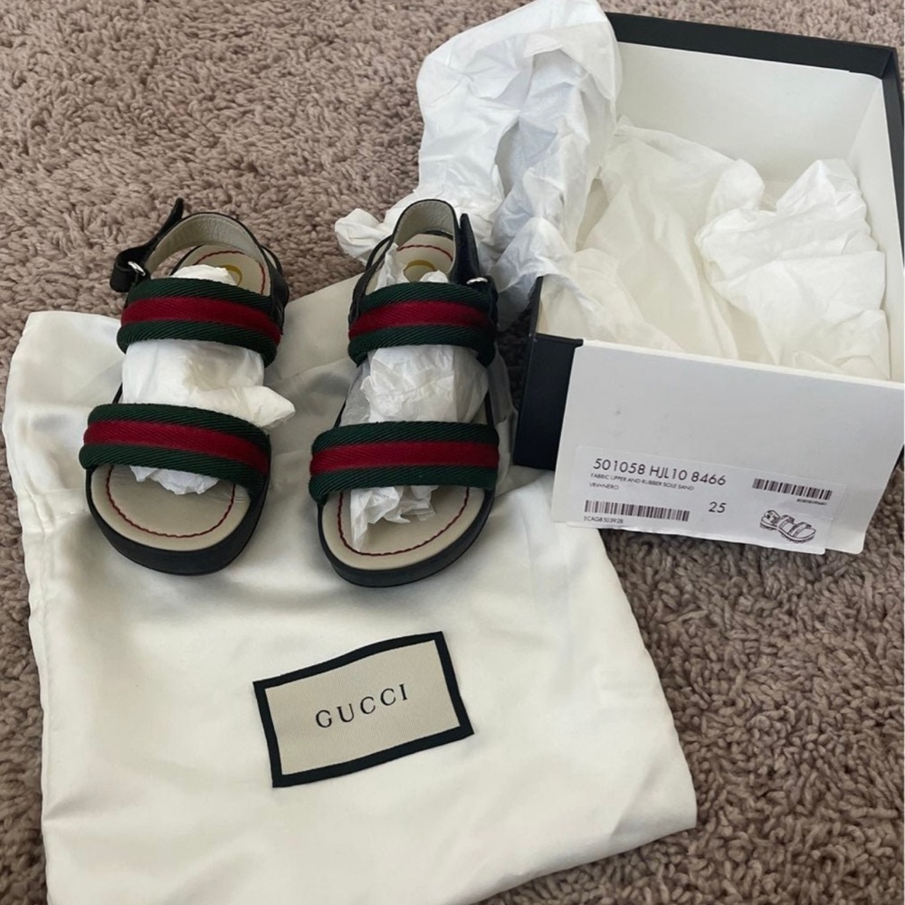 GUCCI kids Green/Red Vintage Web Nylon Open Toe Sandals Size 25/9C - Picture 8 of 12